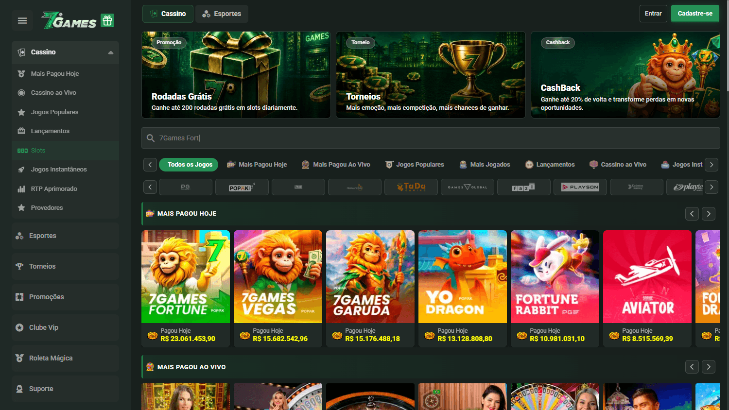 Lobby do cassino 7Games com menu de categorias, banners de Rodadas Grátis, Torneios e CashBack, busca e filtros por provedor
