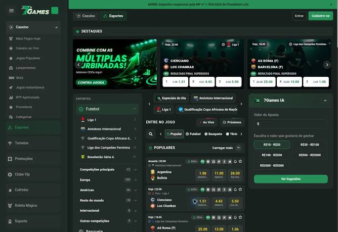 Seção Esportes da 7Games com jogos em destaque, lista de ligas de futebol e abas de partidas ao vivo e próximas