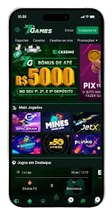 Versão mobile da 7Games em um smartphone, com botões Entrar e Cadastre-se e abas Esportes e Cassino